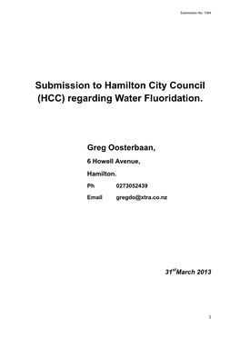 Submission to Hamilton City Council (HCC) Regarding Water Fluoridation