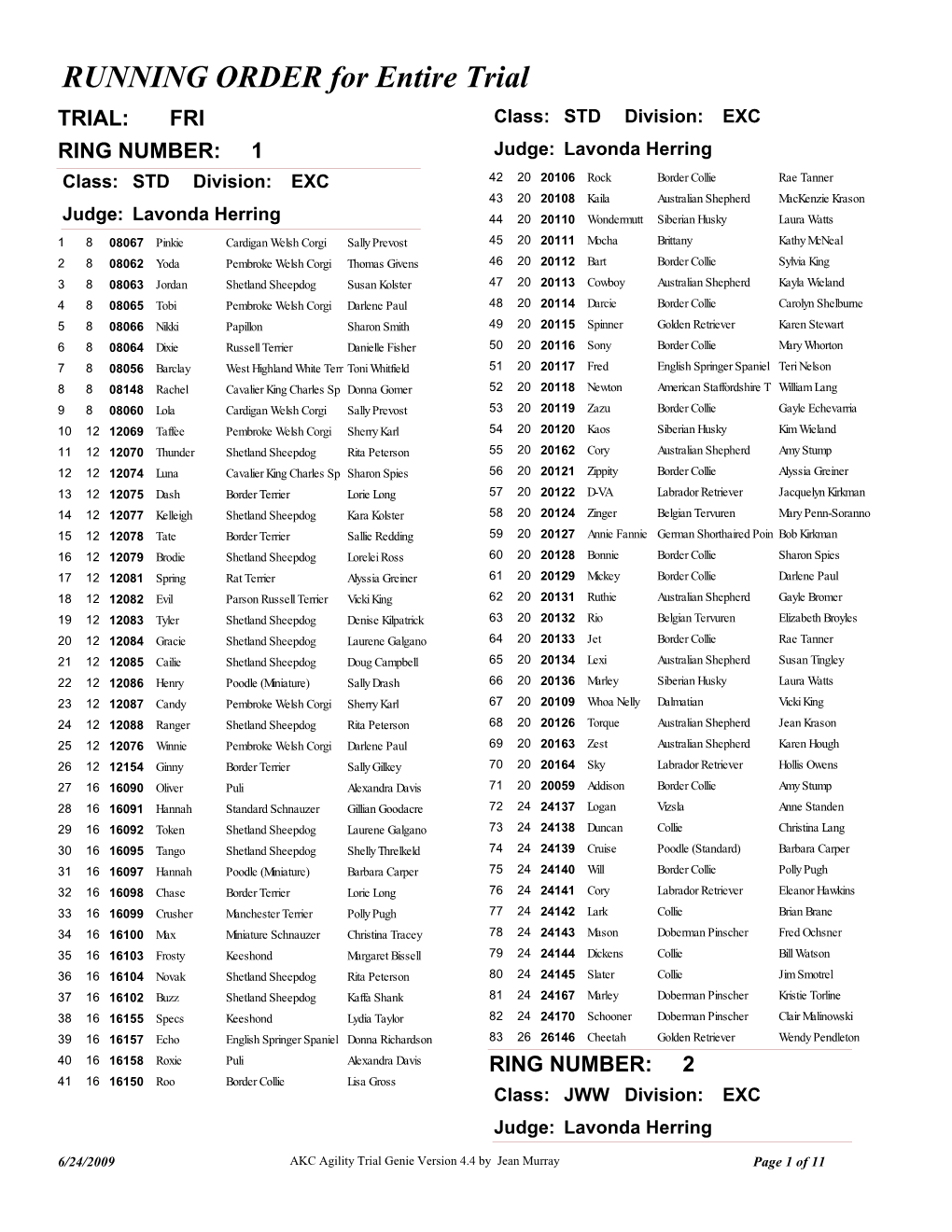 Running Order Report