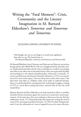 Crisis, Community and the Literary Imagination in M. Barnard Eldershaw's Tomorrow and Tomorrow