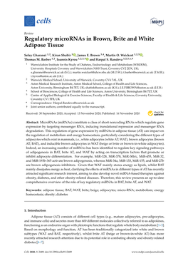 Regulatory Micrornas in Brown, Brite and White Adipose Tissue