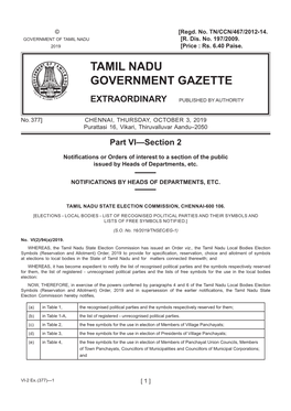 377] CHENNAI, THURSDAY, OCTOBER 3, 2019 Purattasi 16, Vikari, Thiruvalluvar Aandu–2050 Part VI—Section 2