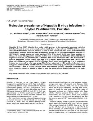 Molecular Prevalence of Hepatitis B Virus Infection in Khyber Pakhtunkhwa, Pakistan