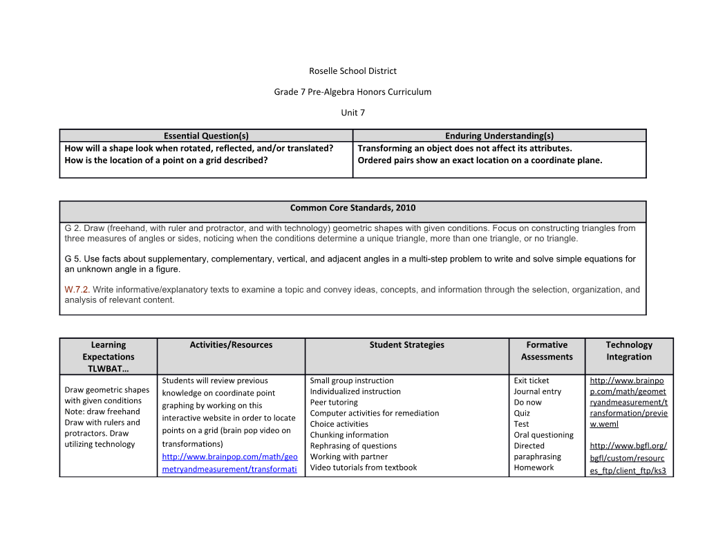 Grade 7 Pre-Algebra Honors Curriculum