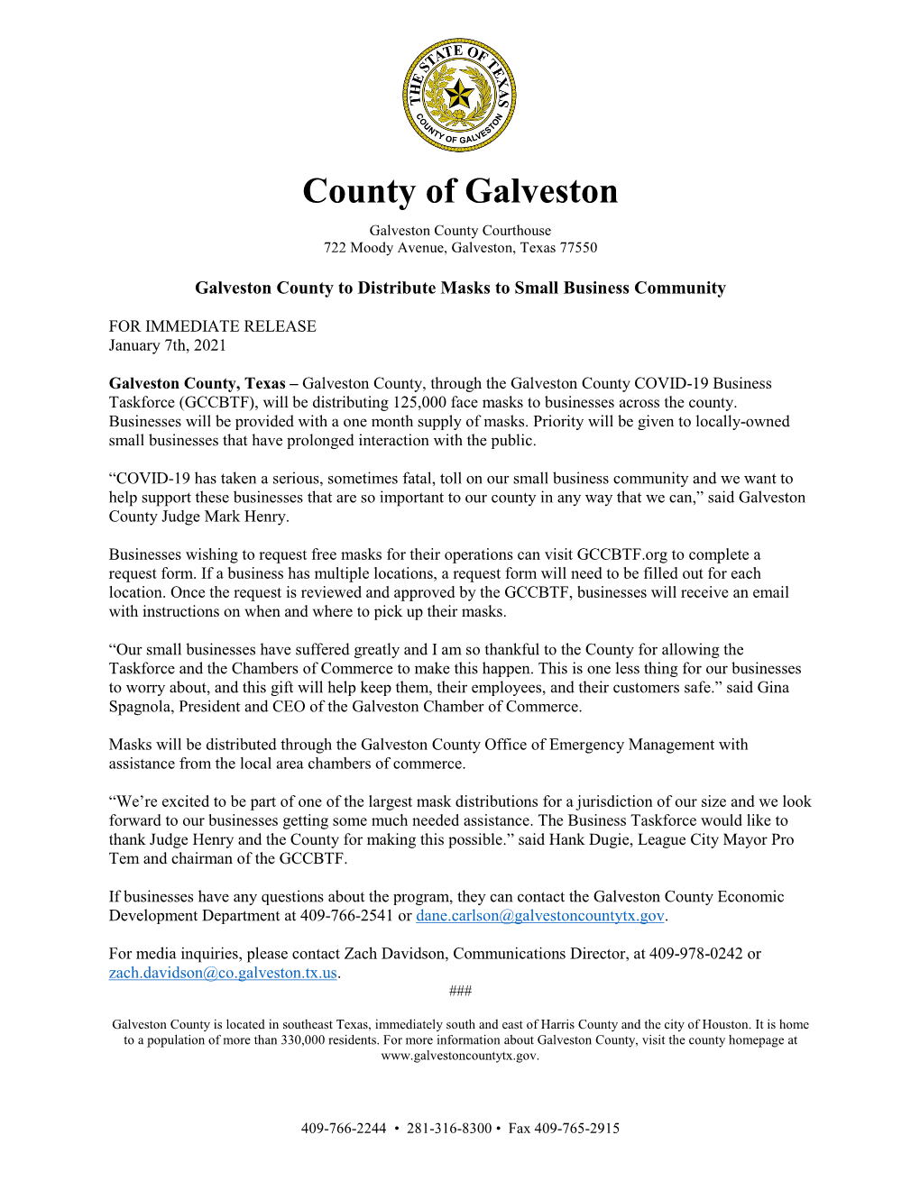 Galveston County to Distribute Masks to Small Business Community