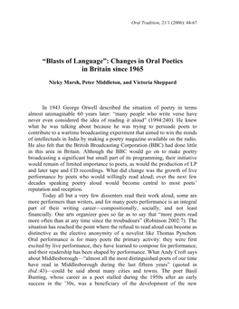 Changes in Oral Poetics in Britain Since 1965