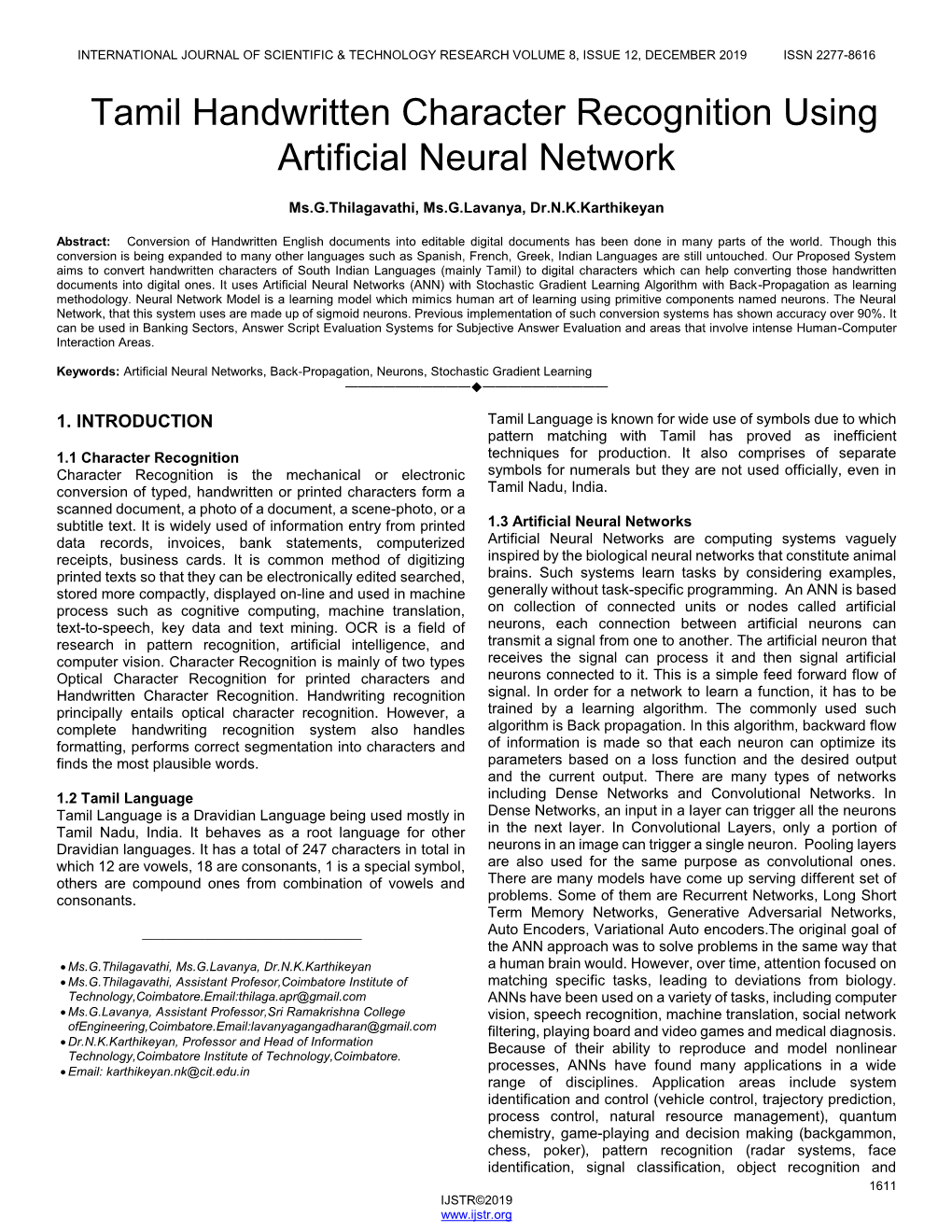 Tamil Handwritten Character Recognition Using Artificial Neural Network