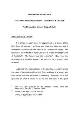 Australian Bar Review Ten Years in the High Court