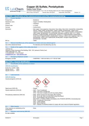 Copper (II) Sulfate, Pentahydrate Safety Data Sheet According to Federal Register / Vol