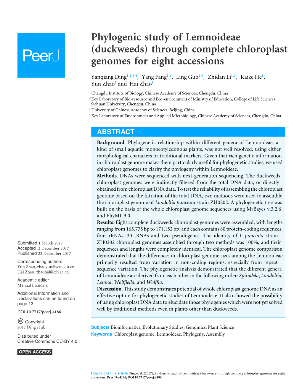 Phylogenic Study of Lemnoideae (Duckweeds) Through Complete Chloroplast Genomes for Eight Accessions