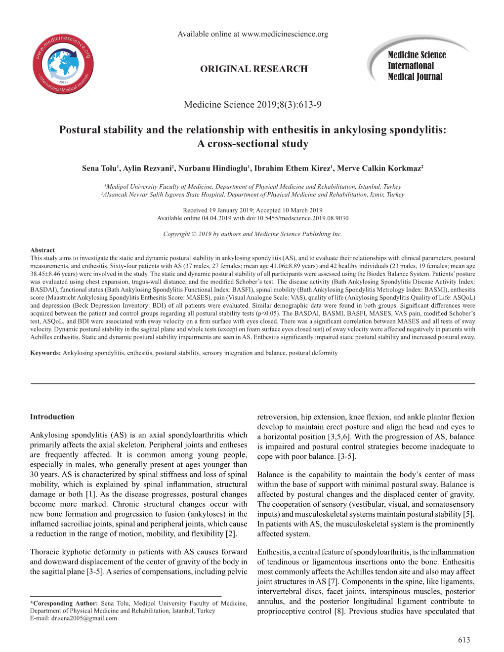 Postural Stability and the Relationship with Enthesitis in Ankylosing Spondylitis: a Cross-Sectional Study