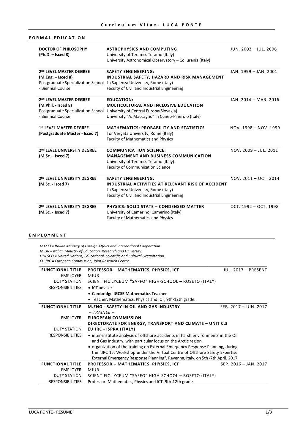 LUCA PONTE– RESUME 1/3 Curriculum Vitae