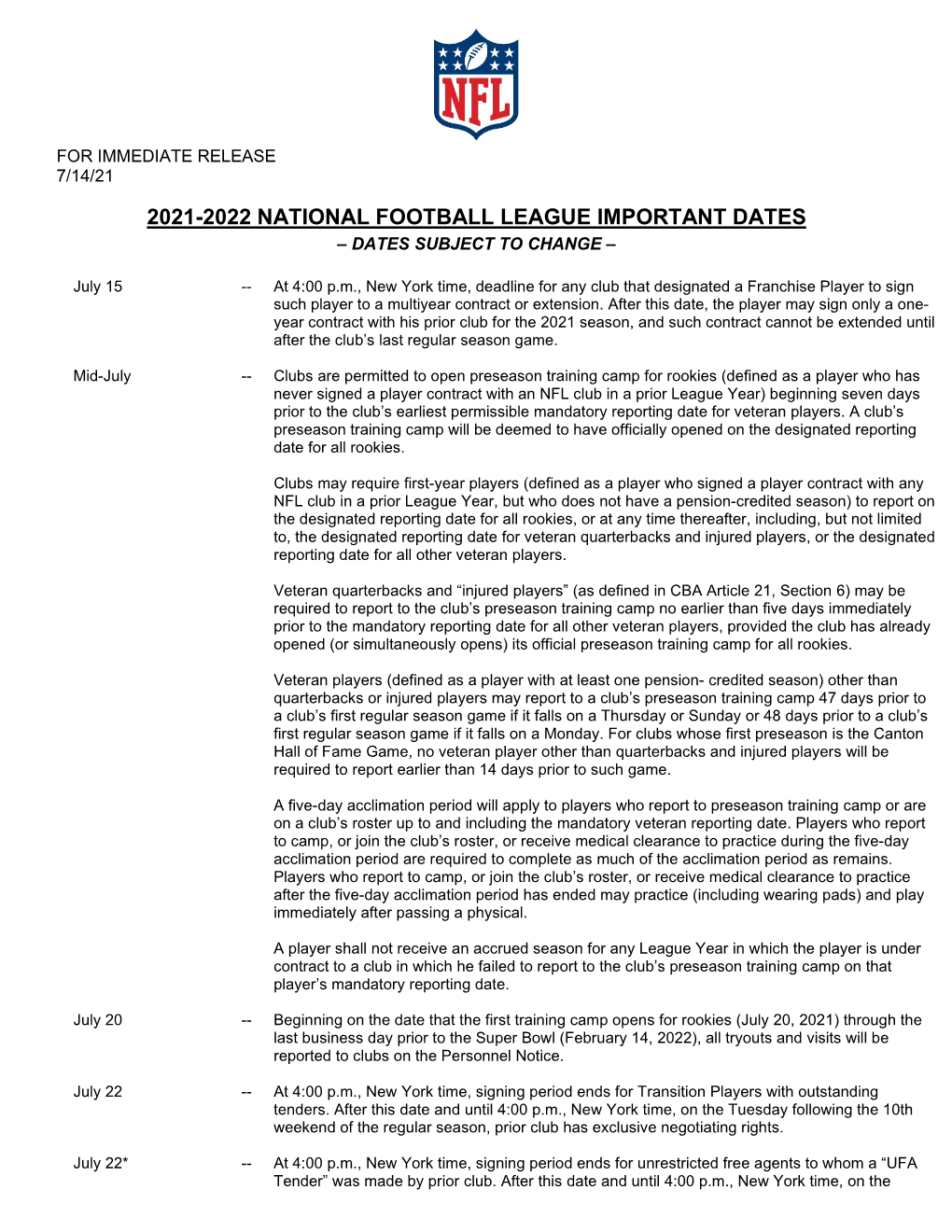 2021-2022 National Football League Important Dates – Dates Subject to Change –