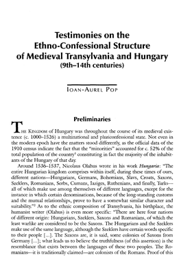 Testimonies on the Ethno-Confessional Structure of Medieval Transylvania and Hungary (9Th-14Th Centuries)