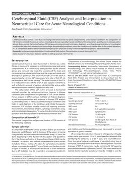 Cerebrospinal Fluid (CSF) Analysis and Interpretation in Neurocritical Care for Acute Neurological Conditions Ajay Prasad Hrishi1, Manikandan Sethuraman2