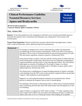 Clinical Performance Guideline Neonatal Resource Services Apnea and Bradycardia
