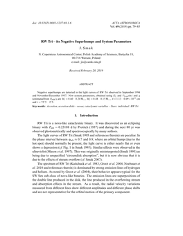 RW Tri – Its Negative Superhumps and System Parameters J. Smak