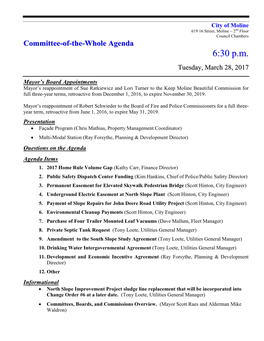 City of Moline 619 16 Street, Moline – 2Nd Floor Council Chambers Committee-Of-The-Whole Agenda 6:30 P.M