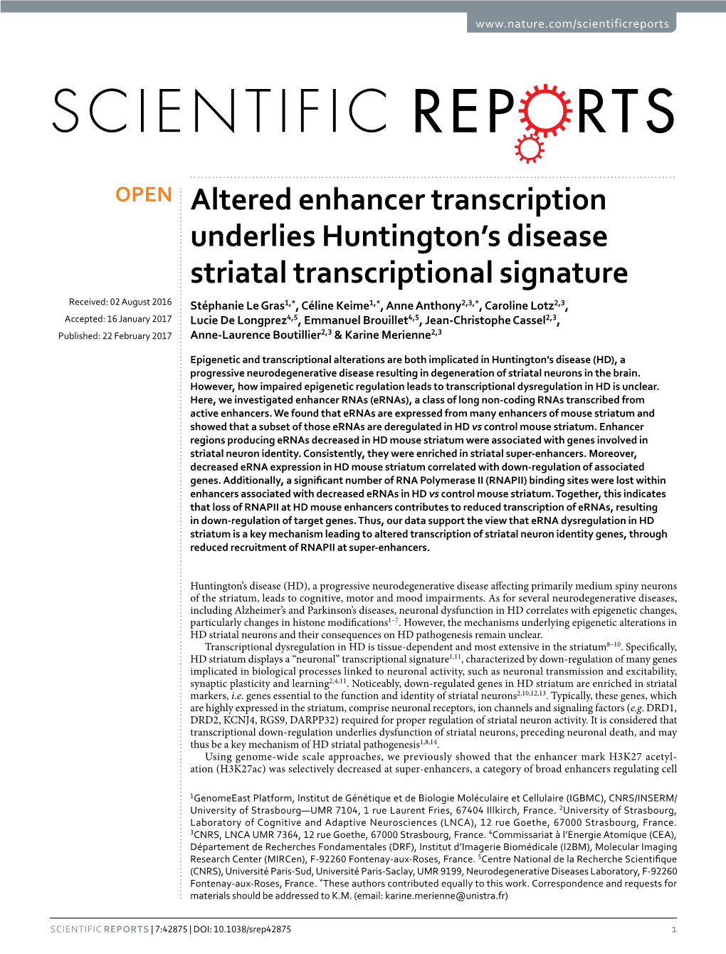 Altered Enhancer Transcription Underlies Huntington's Disease Striatal Transcriptional Signature