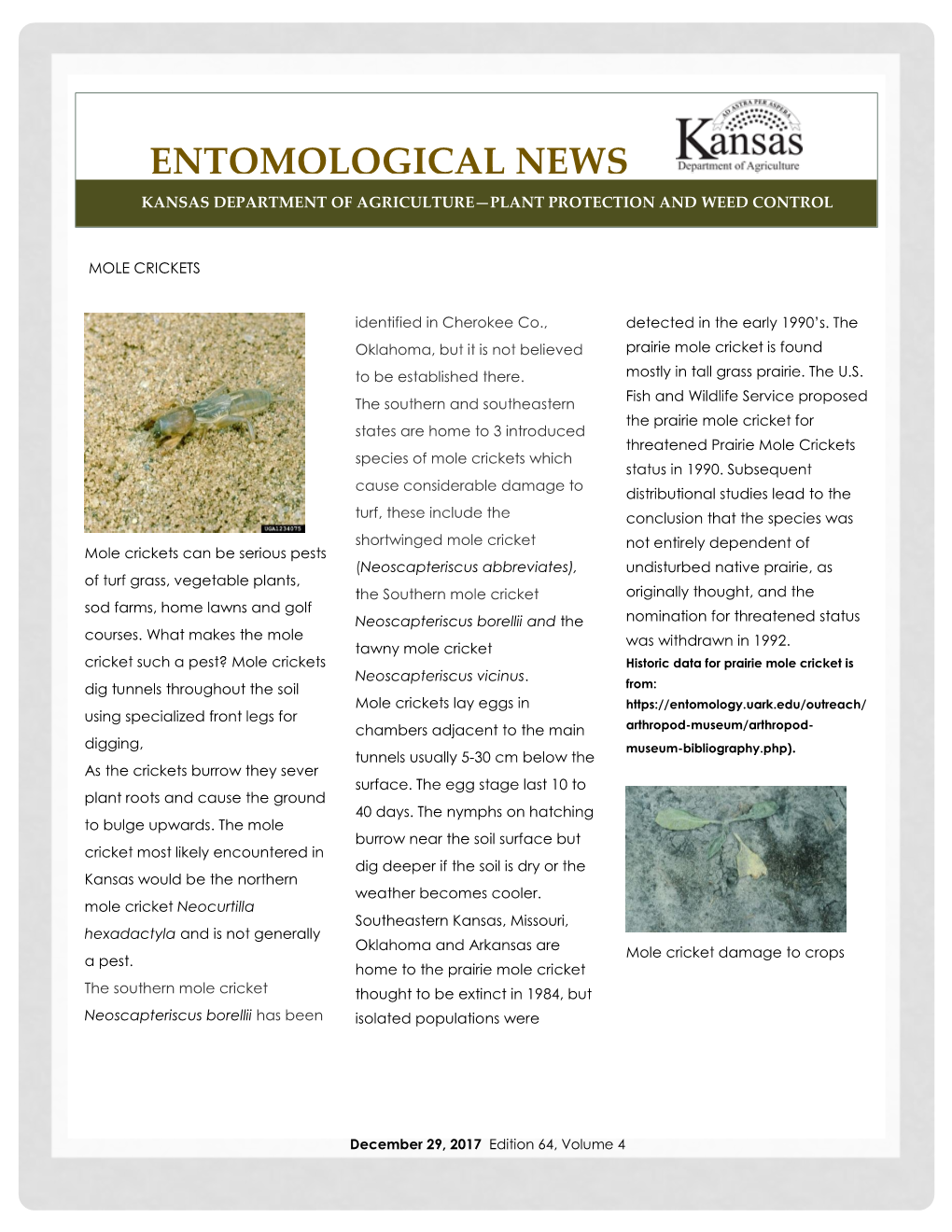 Entomological News Kansas Department of Agriculture—Plant Protection and Weed Control