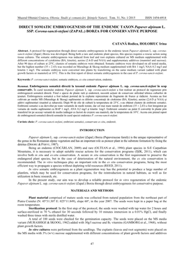 DIRECT SOMATIC EMBRYOGENESIS of the ENDEMIC TAXON Papaver Alpinum L. SSP. Corona-Sancti-Stefani (ZAPAL.) BORZA for CONSERVATIVE PURPOSE