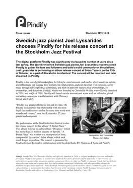 Swedish Jazz Pianist Joel Lyssarides Chooses Pindify for His Release Concert at the Stockholm Jazz Festival