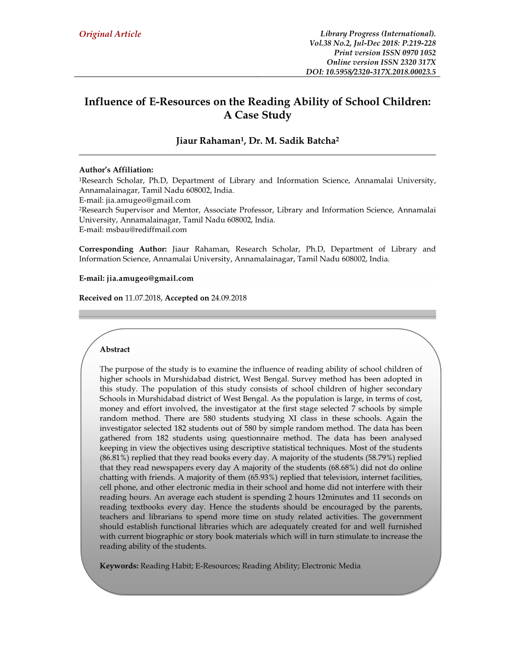 Influence of E-Resources on the Reading Ability of School Children: a Case Study