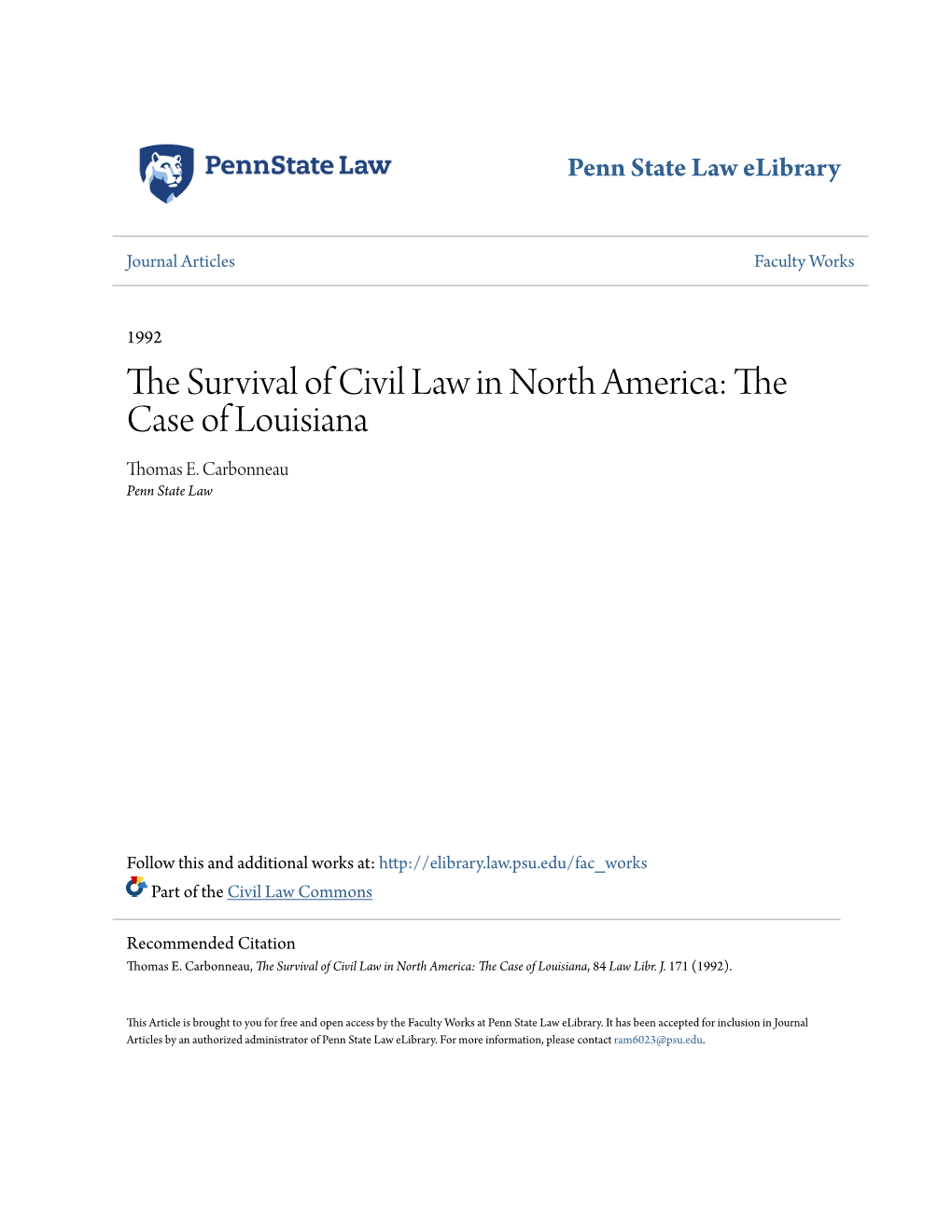 The Survival of Civil Law in North America: the Case of Louisiana, 84 Law Libr