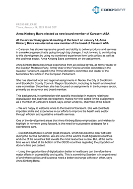 14/1/2021: Anna Kinberg Batra New Board Member of Carasent