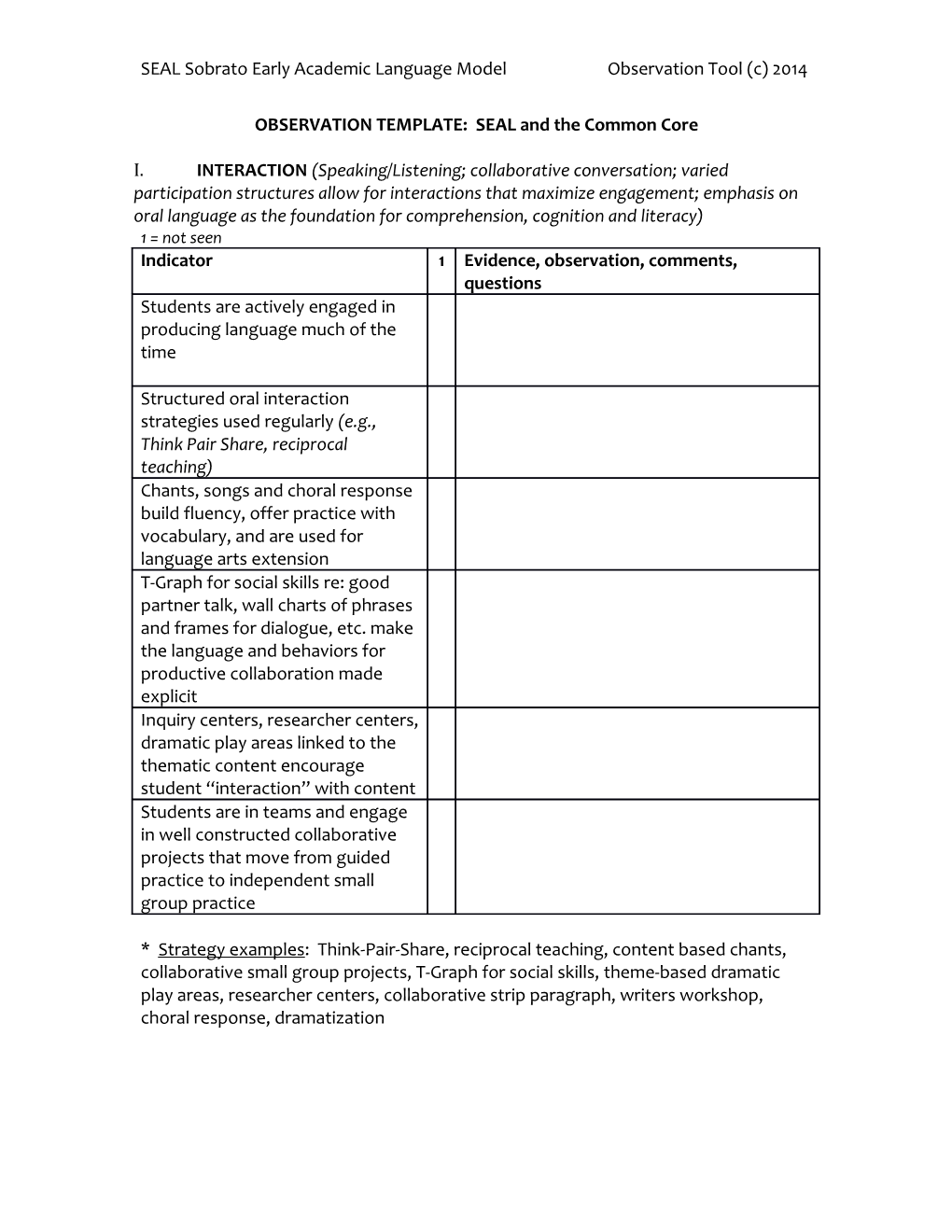 OBSERVATION TEMPLATE: SEAL and the Common Core