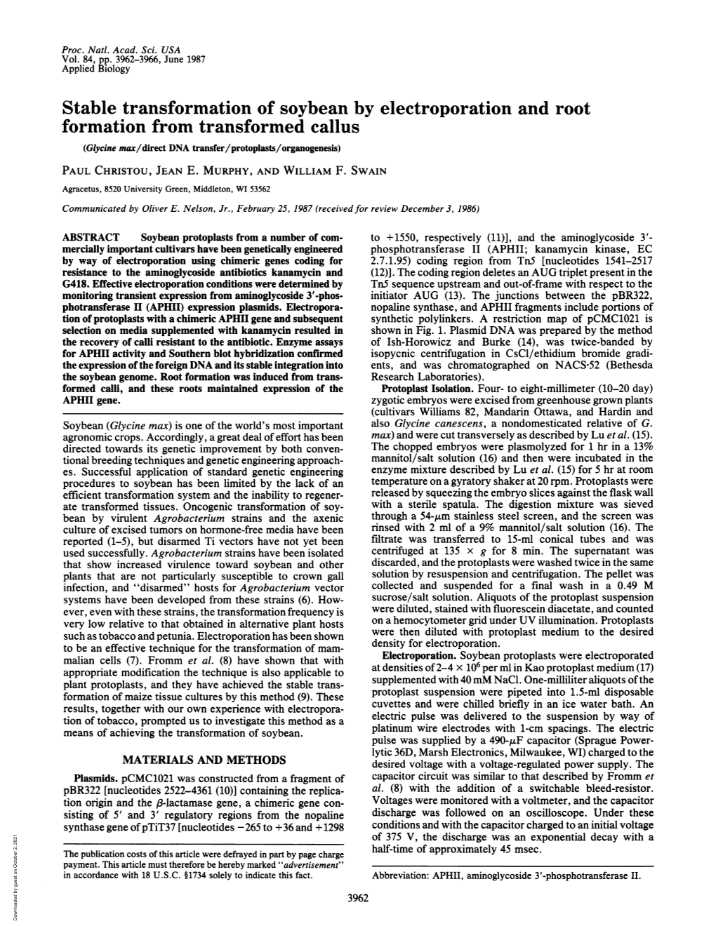 Stable Transformation of Soybean by Electroporation and Root Formation