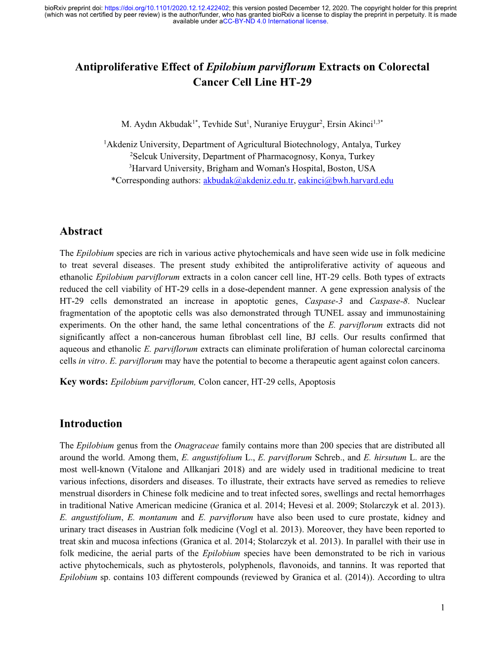 Antiproliferative Effect of Epilobium Parviflorum Extracts on Colorectal Cancer Cell Line HT-29