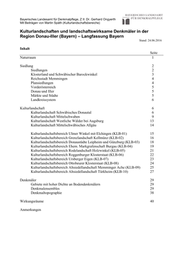 Kulturlandschaften Und Landschaftswirksame Denkmäler in Der Region Donau-Iller (Bayern) – Langfassung Bayern Stand: 24.06.2016