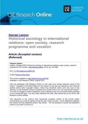 Historical Sociology in International Relations: Open Society, Research Programme and Vocation