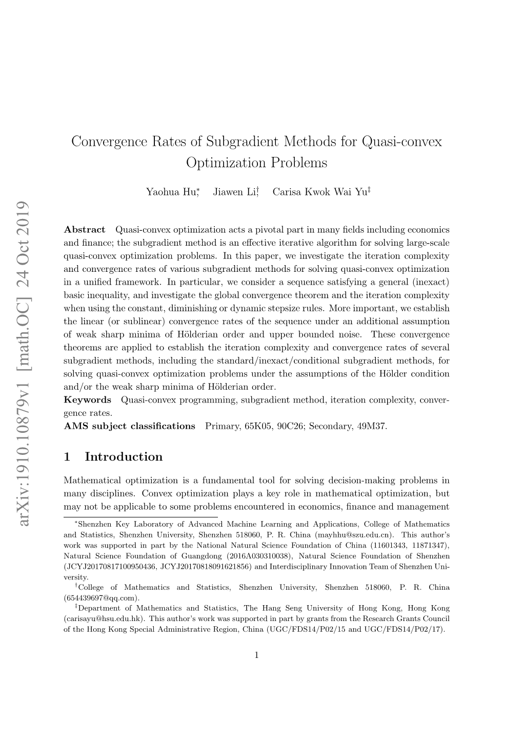 Convergence Rates of Subgradient Methods for Quasi-Convex