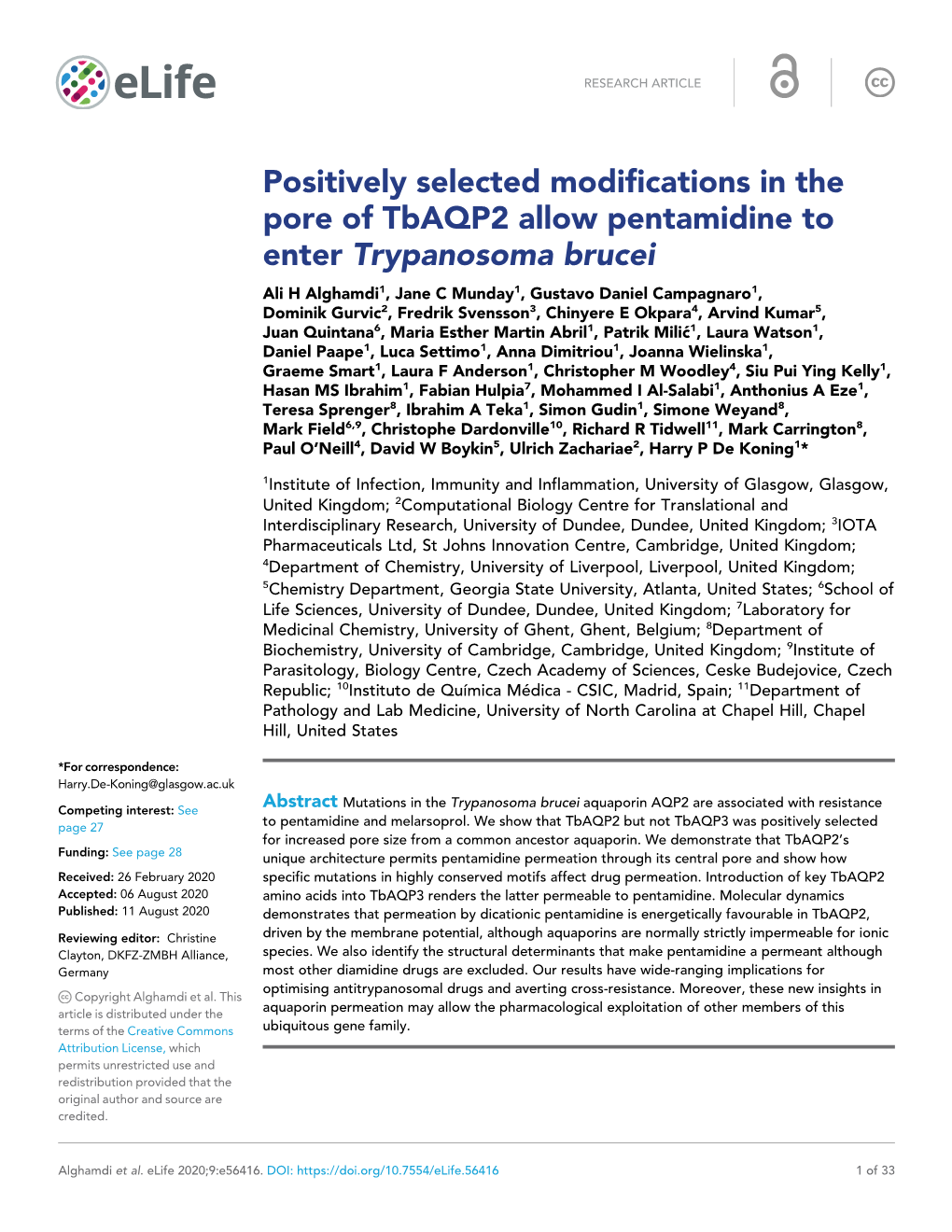 Positively Selected Modifications in the Pore of Tbaqp2 Allow Pentamidine