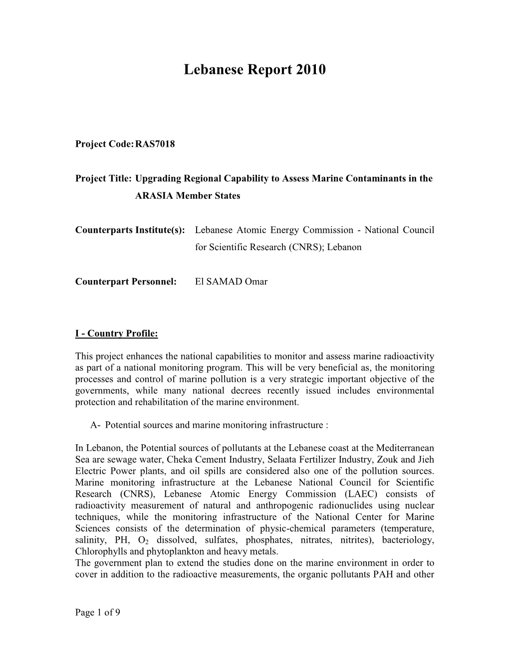 LEB/9/004 Development of a Country Profile of Environmental Radiation