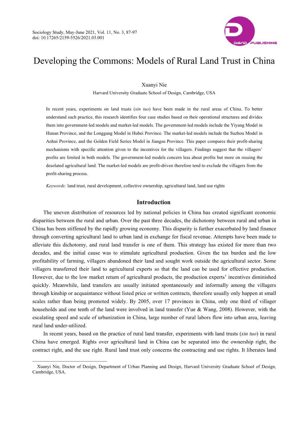 Developing the Commons: Models of Rural Land Trust in China