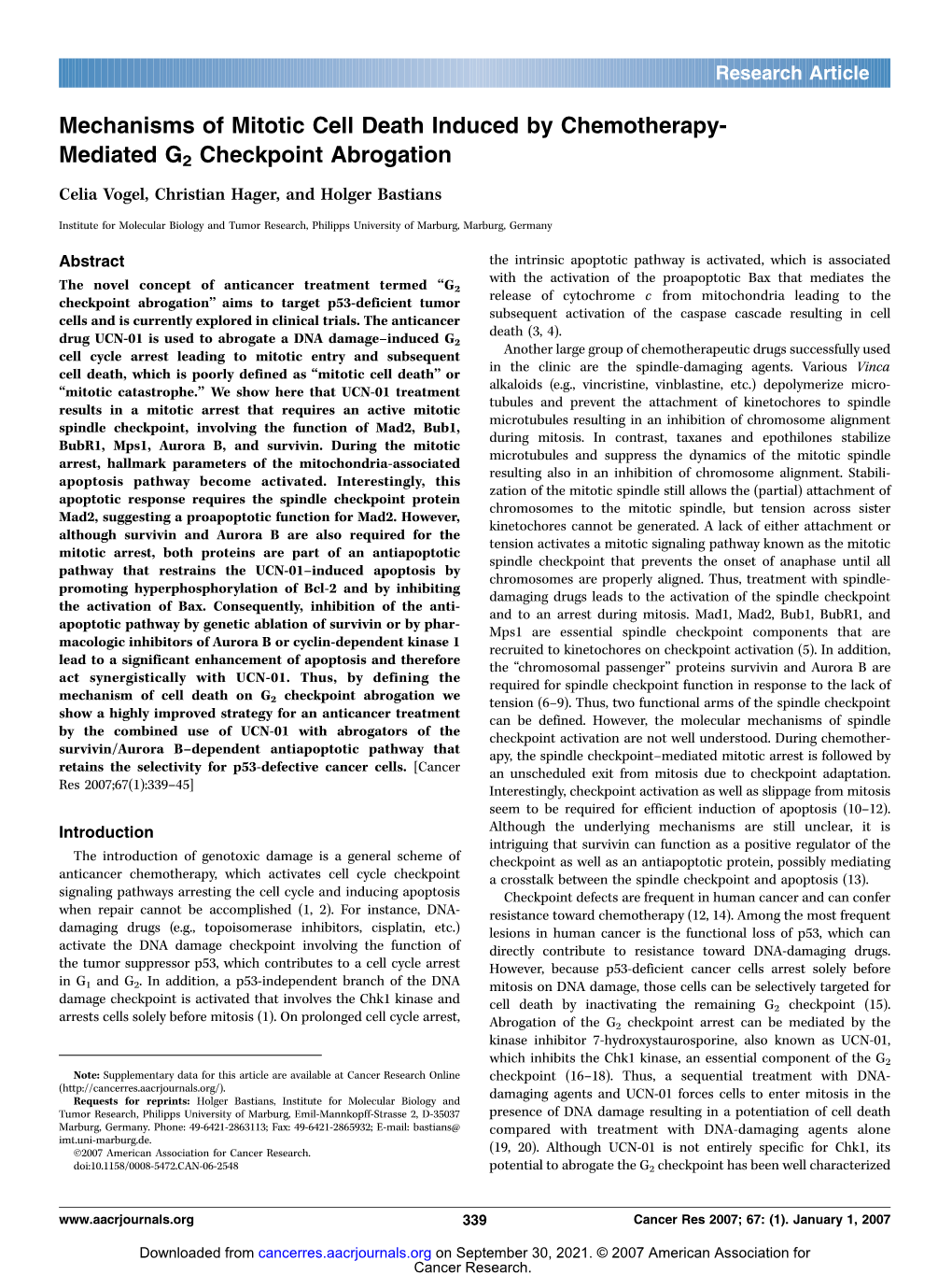 Mechanisms of Mitotic Cell Death Induced by Chemotherapy