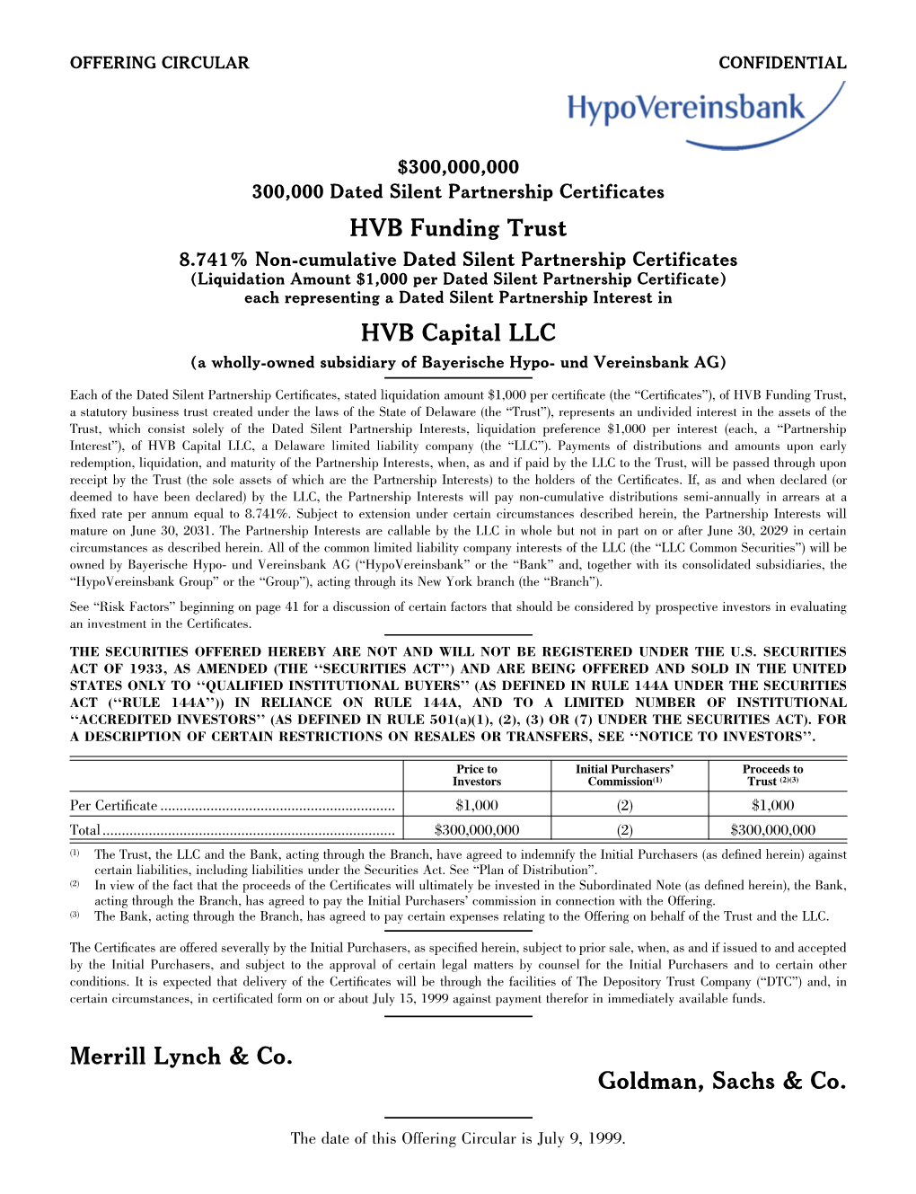 HVB Funding Trust HVB Capital LLC Merrill Lynch Co Goldman Sachs Co