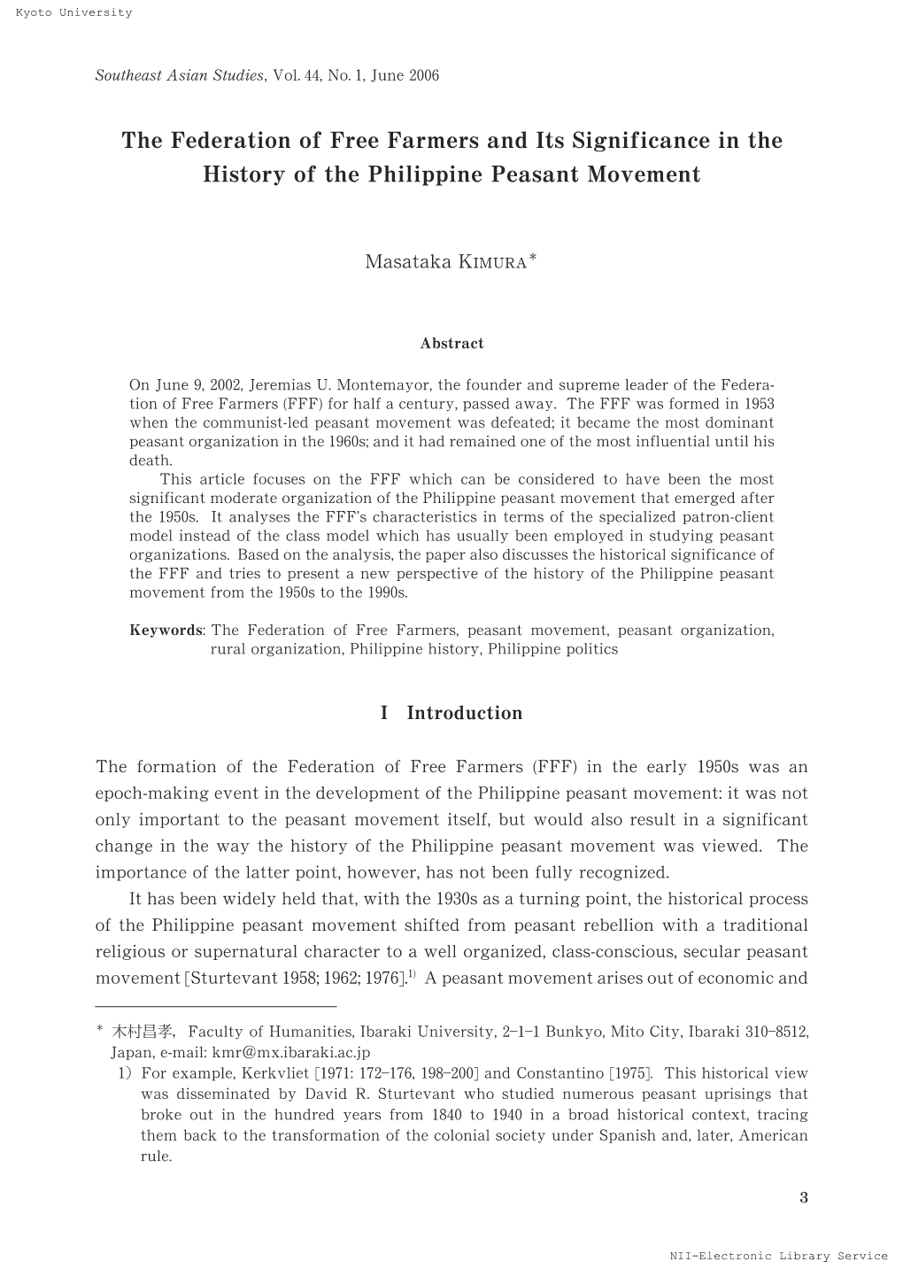 The Federation of Free Farmers and Its Significance in the History of the Philippine Peasant Movement