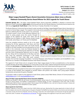 Major League Baseball Players Alumni Association Announces Adam Jones As Brooks Robinson Community Service Award Winner for 2015 Legends for Youth Dinner