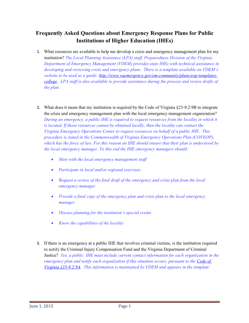 Frequently Asked Questions About Emergency Response Plans for Public Institutions of Higher