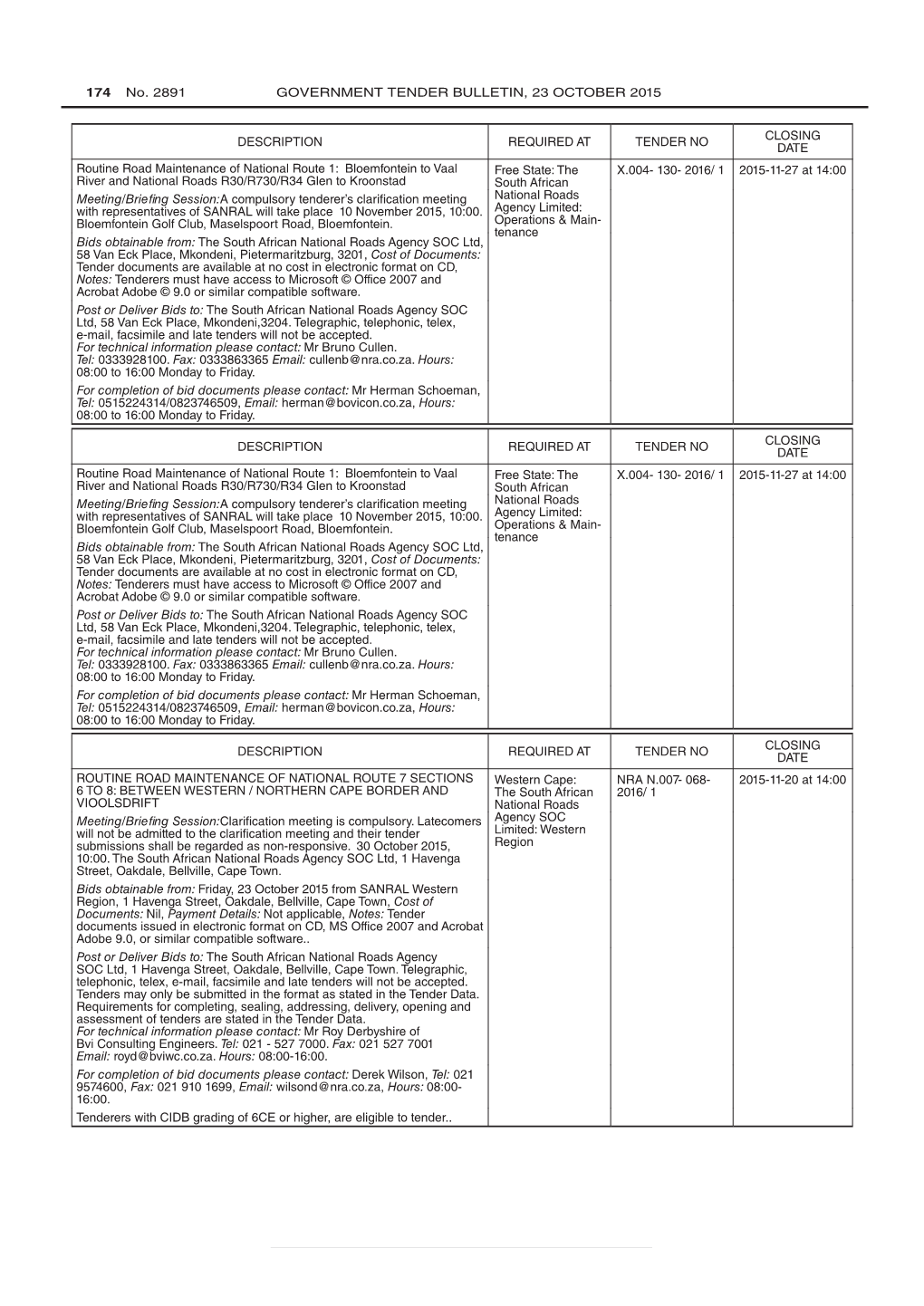 Tender Bulletin No 2891 of 23-October-2015, Volume