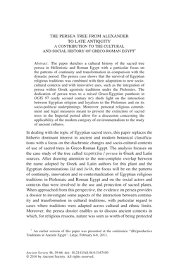 The Persea Tree from Alexander to Late Antiquity a Contribution to the Cultural and Social History of Greco-Roman Egypt*