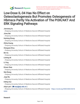 Low-Dose IL-34 Has No Effect on Osteoclastogenesis but Promotes Osteogenesis of Hbmscs Partly Via Activation of the PI3K/AKT and ERK Signaling Pathways