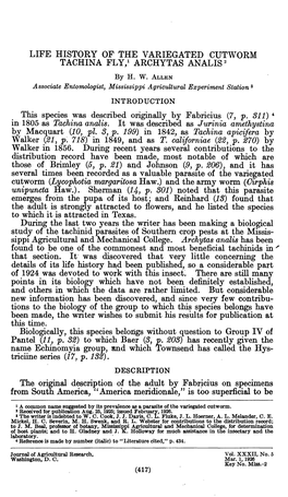 Life History of the Variegated Cutworm Tachina Fly,1 Archytas Analis2