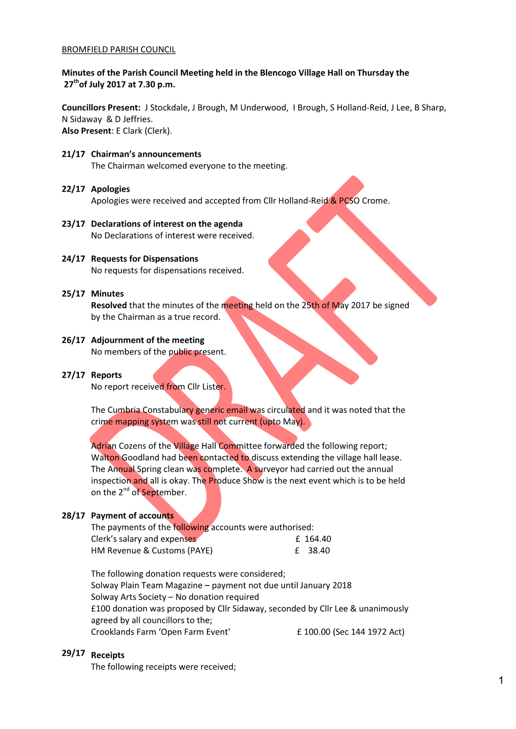 BROMFIELD PARISH COUNCIL Minutes Of