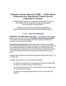 Canadian Soccer Business (CSB) – a New Sports Enterprise Now Represents Premier Soccer Properties in Canada