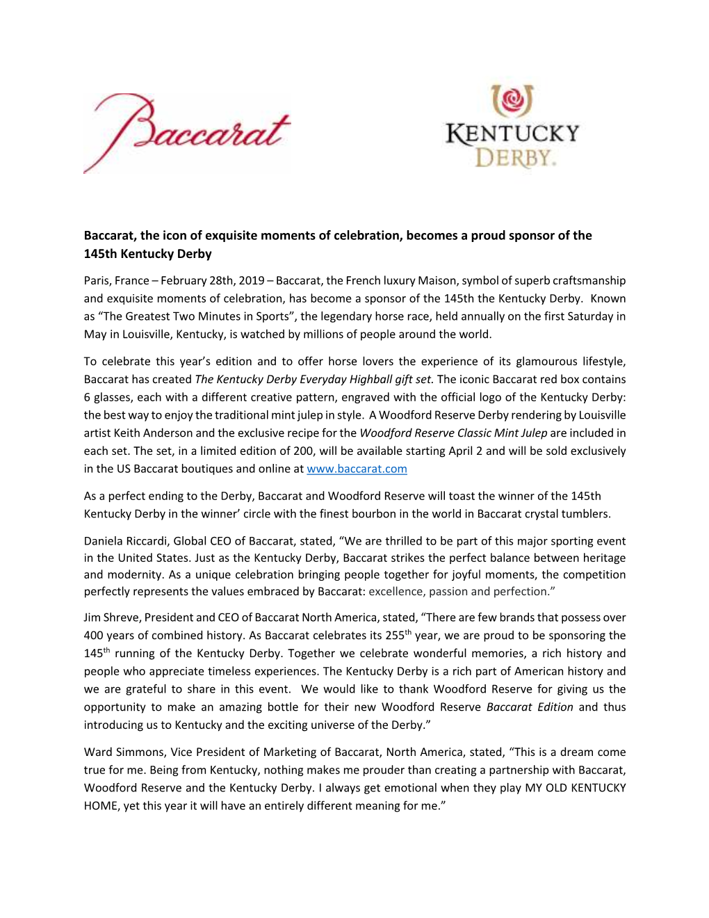 Baccarat, the Icon of Exquisite Moments of Celebration, Becomes a Proud Sponsor of the 145Th Kentucky Derby