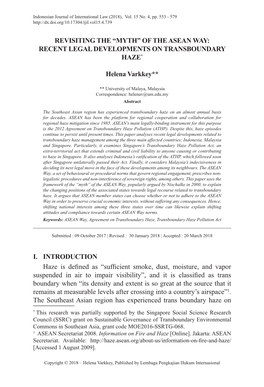 Revisiting the “Myth” of the Asean Way: Recent Legal Developments on Transboundary Haze*